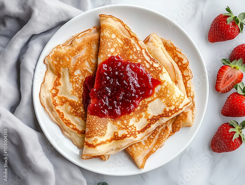 Les crêpes pour la chandeleur :  une pile de crêpes à la confiture de fraises posées sur une assiette entourée de fruits sur fond blanc