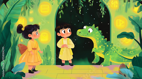 Magical children's book-style illustrations featuring friendly dragons and enchanted settings