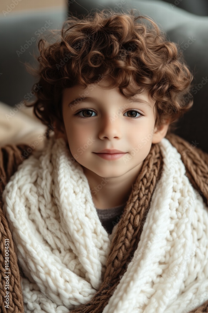 A young boy with curly hair wrapped in a cozy knitted blanket, looking directly at the camera with a gentle smile. The background is softly blurred, creating a warm and inviting atmosphere. A young boy with curly hair wrapped in a cozy knitted blanket, looking directly at the camera with a gentle smile. The background is softly blurred, creating a warm and inviting atmosphere.