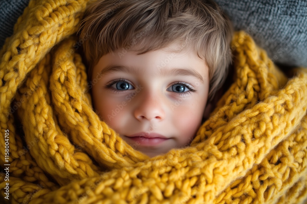A close-up portrait of a young child wrapped in a thick, cozy yellow knitted scarf, with soft features and bright blue eyes, looking directly at the camera with a serene expression. A close-up portrait of a young child wrapped in a thick, cozy yellow knitted scarf, with soft features and bright blue eyes, looking directly at the camera with a serene expression.