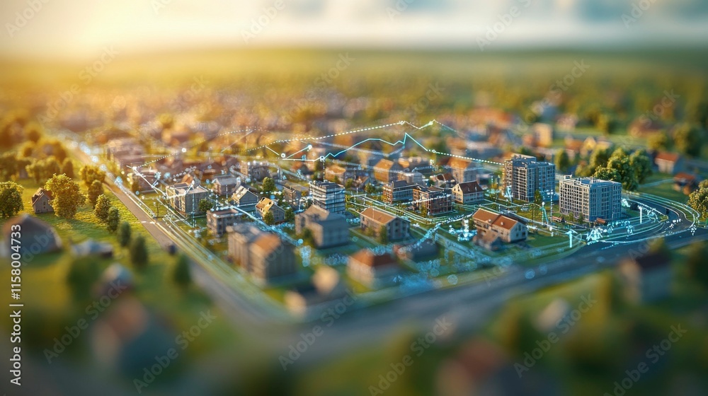 Obraz premium A conceptual visual of the property market, showcasing homes and commercial buildings intertwined with line charts, reflecting trends, price fluctuations, and investment opportunities.