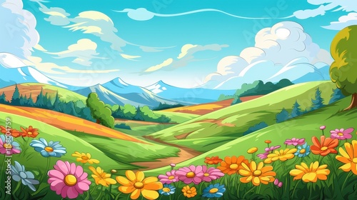 Colorful Flowers Bloom in Rolling Hills and Mountains