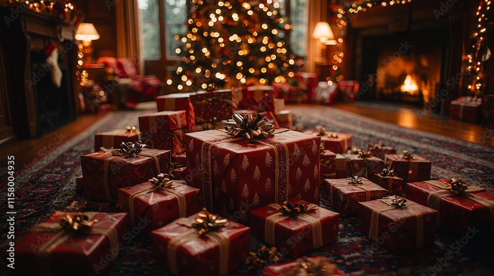 Fototapeta premium Pile of beautifully wrapped Christmas presents under a Christmas tree, warm lighting, cozy, festive atmosphere