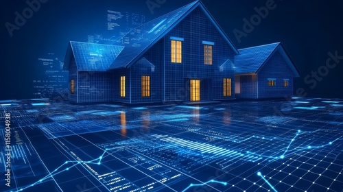 An illustration of the property market, combining homes, office buildings, and fluctuating graphs, reflecting real estate trends, investments, and economic forces.