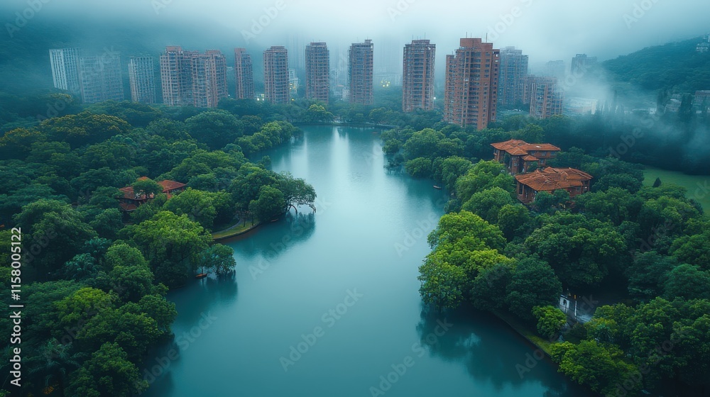 Fototapeta premium aerial view of landscape after rain in shenzhen city china