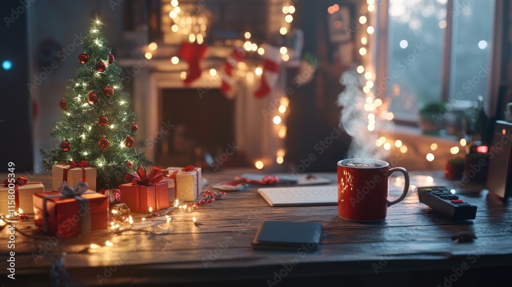 Cozy Christmas scene gifts, hot drink, and tree. Cozy Christmas scene gifts, hot drink, and tree.