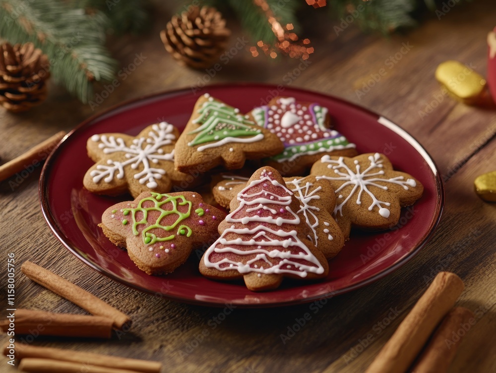 Festive Christmas gingerbread cookies on a red plate, decorated with icing and sprinkles, surrounded by cinnamon sticks and pine cones on a wooden table. Festive Christmas gingerbread cookies on a red plate, decorated with icing and sprinkles, surrounded by cinnamon sticks and pine cones on a wooden table.