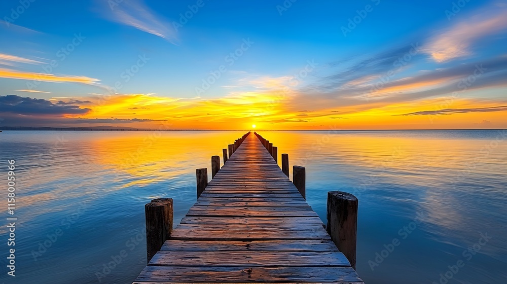 Serene Sunset Over Calm Water with Pier Leading to Horizon Serene Sunset Over Calm Water with Pier Leading to Horizon
