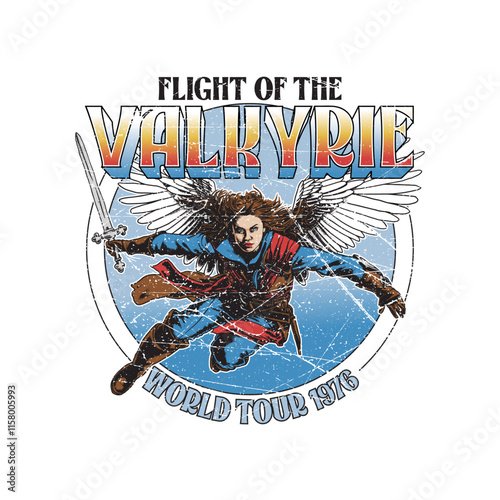 HAND DRAWN VALKYRIE WARRIOR WOMAN LADY GIRL PERSON SOLDIER WINGED METAL RETRO SWORD WINGS BIRD FLYING VINTAGE TSHIRT TEE PRINT FOR APPAREL MERCHANDISE