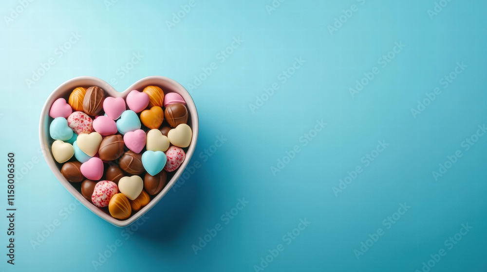 Heart shaped box filled with colorful cho tes on blue background Heart shaped box filled with colorful cho tes on blue background