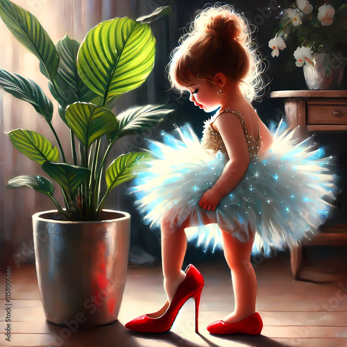 Cute 4-5 years old little girl wearing blue sparkling tutu skirt in a living room next to a big plant in pot and trying her mom red high-heels