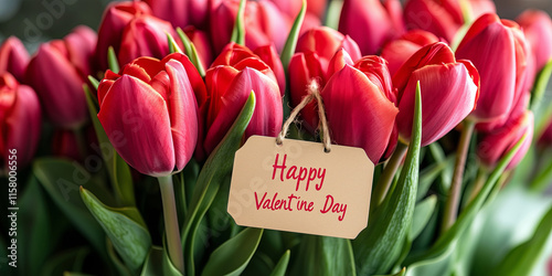 Bunch of beautiful red tulips with "Happy Valentine's day" tag