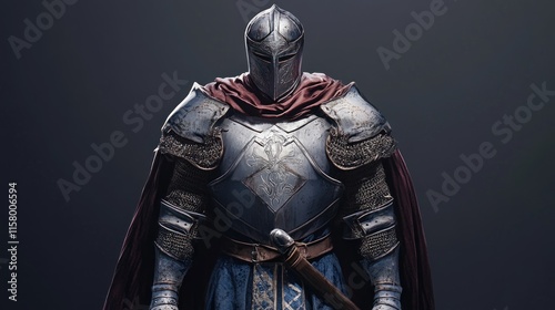 A medieval knight in full armor, dark background.