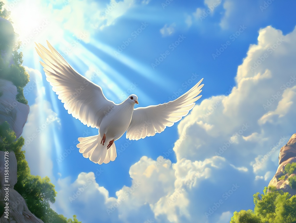 Fototapeta premium A Majestic White Dove Soars Gracefully Through a Bright, Clear Sky, Serving as a Symbol of Peace and Hope During the Joyous Easter Celebrations That Commemorate Renewal and Resurrection