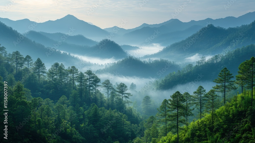 Fototapeta premium beautiful landscape of mountain layer in morning sun ray and winter fog at mae salong nai chiangrai thailand