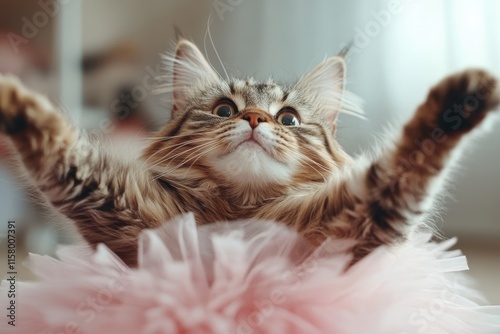 Adorable fluffy cat with wide eyes and raised paws sits on a pink fluffy blanket, capturing a playful and cute moment in soft natural lighting. photo