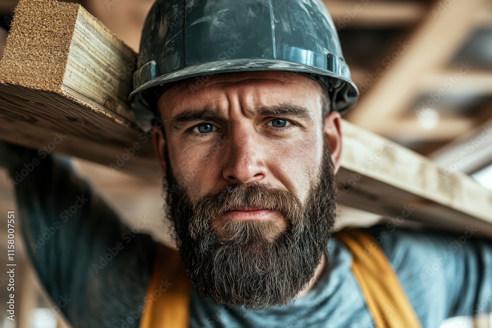 A determined construction worker with a steel-gray hardhat and a beard holds a beam on his shoulder, embodying grit and perseverance at a worksite. A determined construction worker with a steel-gray hardhat and a beard holds a beam on his shoulder, embodying grit and perseverance at a worksite.