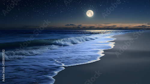 Moonlit beach, gentle waves, starlit sky, peaceful, wide shot, serene anime style. midnight starlit ocean. illustration. Starlit. Illustration photo