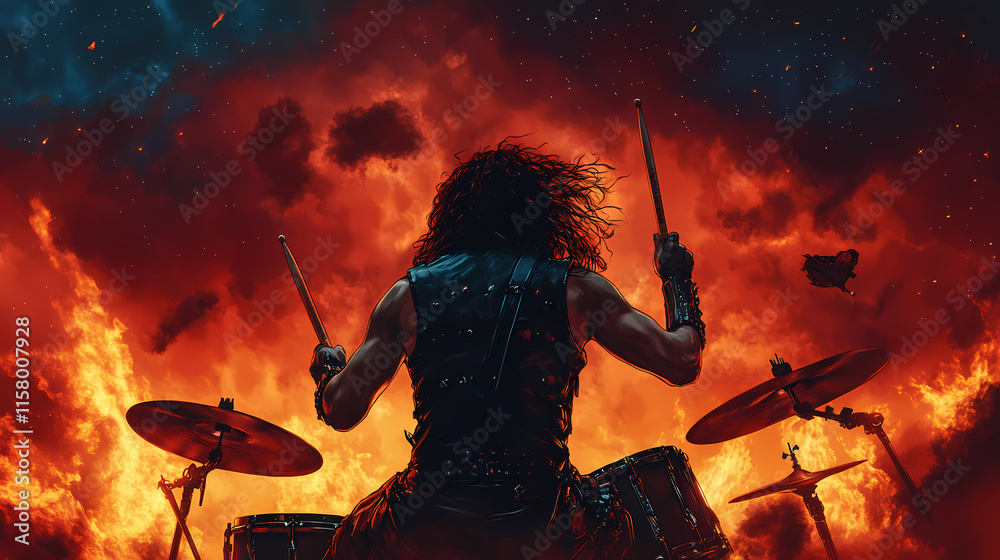 Fototapeta premium Powerful drummer, leather vest, metal warrior, fiery mosh pit under a starlit sky, thunderous storm in the distance, realistic, silhouette lighting. Starlit. Illustration