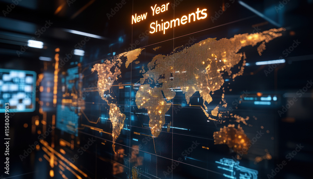 A global logistics map on digital screen in control room, highlighting routes in gold with New Year Shipments glowing above A global logistics map on digital screen in control room, highlighting routes in gold with New Year Shipments glowing above