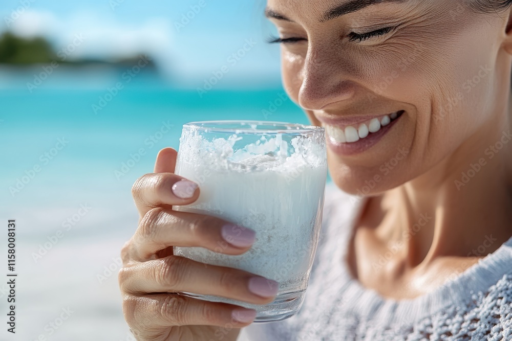 A joyful woman savors a delightful coconut drink while sitting by the ocean, illustrating contentment and the rejuvenating spirit of coastal living. A joyful woman savors a delightful coconut drink while sitting by the ocean, illustrating contentment and the rejuvenating spirit of coastal living.