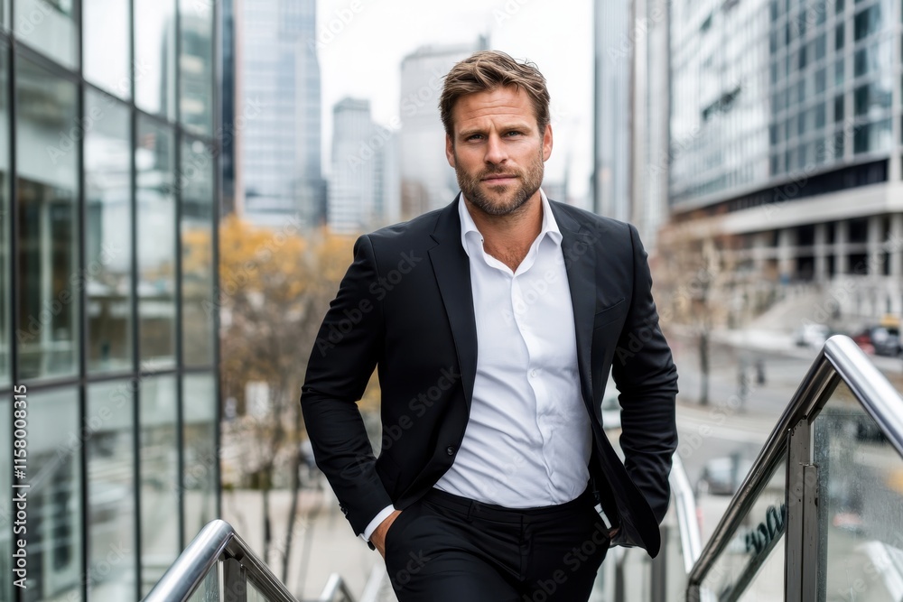 Confident man in tailored black suit confidently climbs stairs amid modern cityscape, epitomizing professionalism and determination in urban setting.