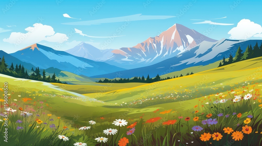 Obraz premium Scenic Mountain View Wildflowers Blooming Meadow