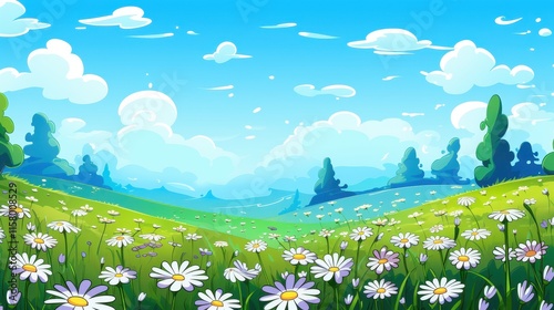 Daisies bloom in a sunny meadow landscape