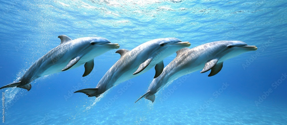 Three dolphins swimming underwater in a clear ocean. Three dolphins swimming underwater in a clear ocean.