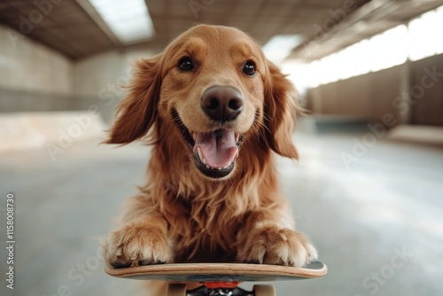 An excited golden retriever rides its skateboard happily indoors, radiating joy and capturing attention with its fluent and smooth skating skills in a spacious area. photo