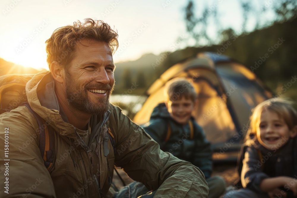 Happy moments by the lakeside during a family camping trip surrounded by nature and joyful laughter Happy moments by the lakeside during a family camping trip surrounded by nature and joyful laughter
