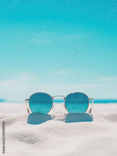 Stylish sunglasses resting on soft sand under a clear blue sky at the beach for summer vibes and relaxation. Generative AI photo
