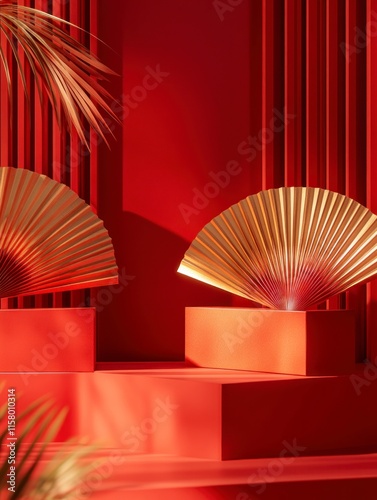 Red stage with golden fans, palm leaves.