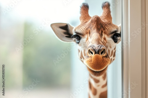 Curious giraffe peeking through a window while exploring a lush environment in the early morning hours photo