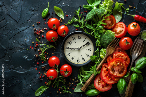 Among the vegetables are classic cutlery and an alarm clock, indicating the importance of regular and timely nutrition. ,.     