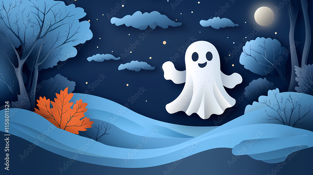 Enchanting halloween night background: spooky ghost in paper art style under starlit sky - vector illustration. Starlit. Illustration Enchanting halloween night background: spooky ghost in paper art style under starlit sky - vector illustration. Starlit. Illustration