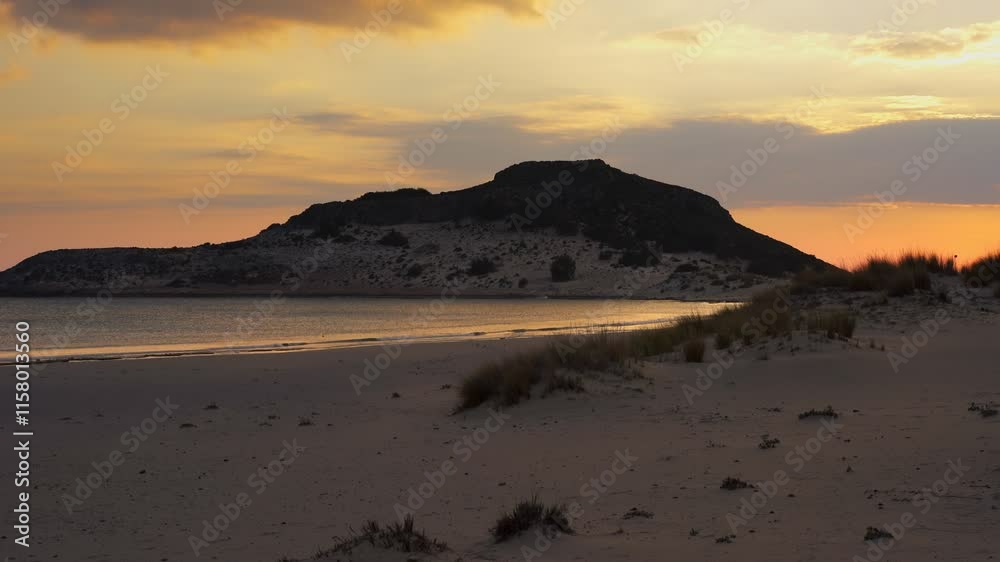 Simos beach sand dunes in Elafonisos island at sunset, in Greece