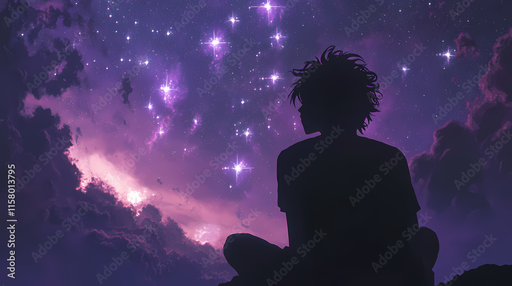A silhouette of a man looks at the starlit sky, immersed in awe and connection with the celestial realm. Starlit. Illustration A silhouette of a man looks at the starlit sky, immersed in awe and connection with the celestial realm. Starlit. Illustration