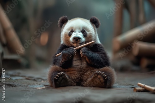 Chubby panda joyfully munches on bamboo sticks in an enchanting forest setting during the golden hour of the afternoon photo