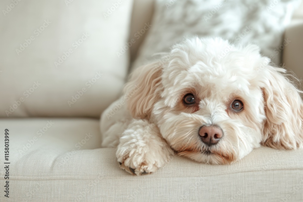 Curious puppy rests on a cozy couch, gazing with innocent eyes in a sunlit living room Curious puppy rests on a cozy couch, gazing with innocent eyes in a sunlit living room