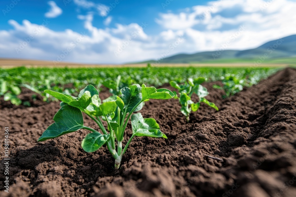 Lush greenery emerges from rich soil under a vibrant blue sky in a flourishing agricultural field Lush greenery emerges from rich soil under a vibrant blue sky in a flourishing agricultural field