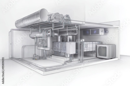HVAC system schematic showing pipes, ducts, and equipment in a room.
