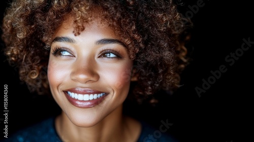 A radiant young woman with curly hair and clear skin, smiling brightly with a confident and cheerful expression, showcasing her effortless beauty. photo