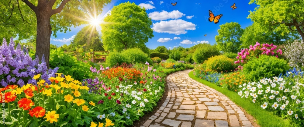 Obraz premium Vibrant garden pathway with colorful flowers and butterflies in bright sunshine