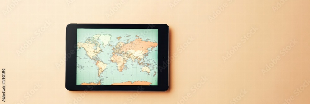 Fototapeta premium Modern flat lay showcasing a tablet displaying a detailed world map on a soft background with ample copy space for text. Generative AI
