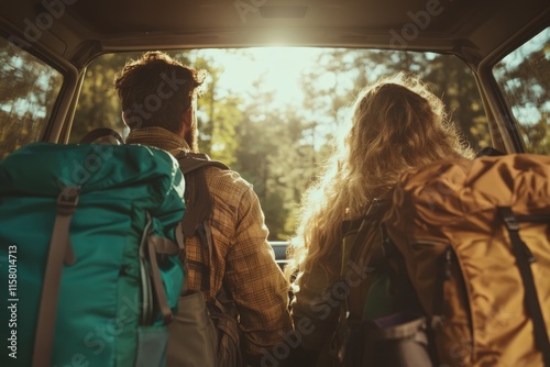 Adventurous journey unfolds as sunlight streams through van windows with eager travelers preparing to explore nature's beauty photo