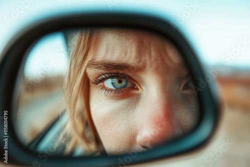 Reflection of a captivating gaze in a car side mirror at dusk, capturing a moment of contemplation and beauty
