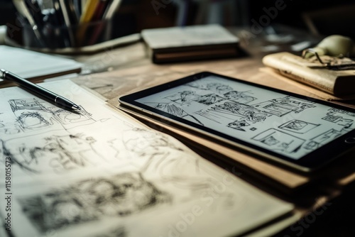 Digital and traditional sketches on a tablet and paper on a wooden desk.