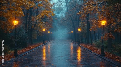 foggy street lamp in the autumn park 3d rendering an empty illuminated country asphalt road through the trees and village in a fog on a rainy autumn day ai generated