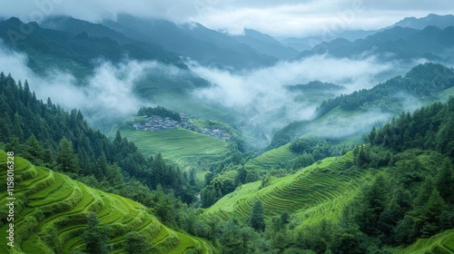 from above of rice terraces with green plants and workers with small city under fog on slope of hill in longsheng china photo